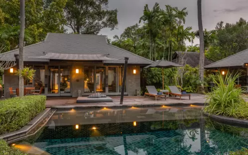 The Slate-Two Bedroom Pool Villa-Outdoor overview at dusk closeup The Slate-Two Bedroom Pool Villa-Outdoor overview at dusk closeup
